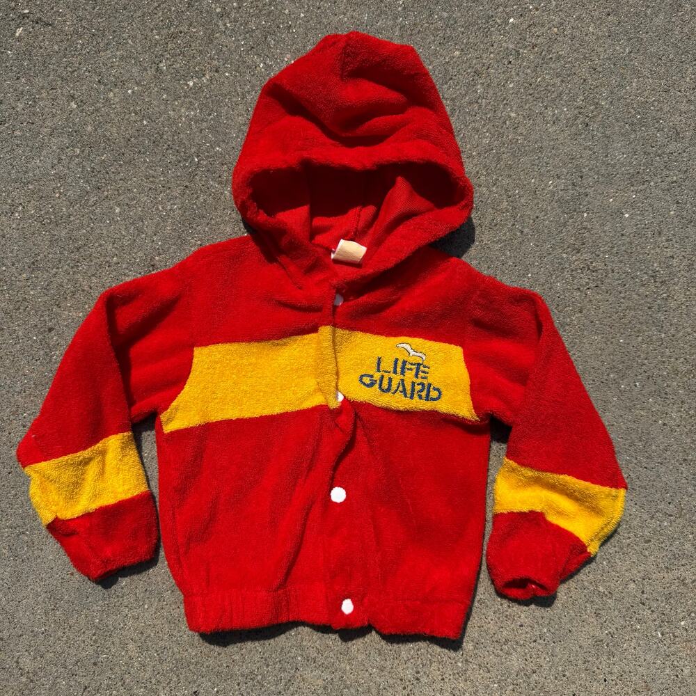 Vintage 80s Carters Lifeguard Terrycloth Hoodie Snap Front Red Yellow - Size 2T